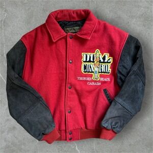 Dual Control Varsity Jacket Mens Medium Red Wool Blend Black Suede Button up
